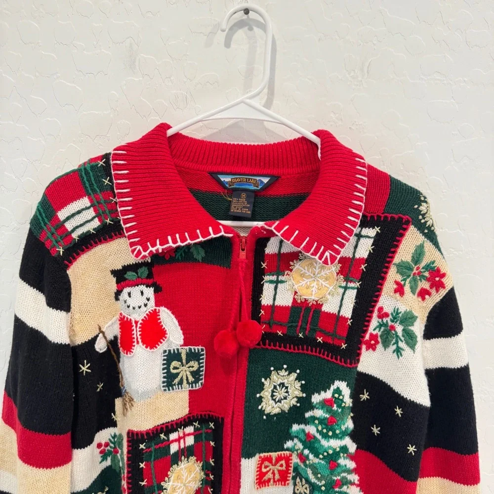 Shaver Lake Christmas Cardigan Sweater Womens Medium Patchwork Embroidered